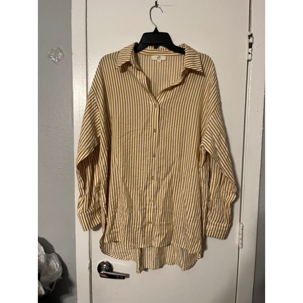 Entro Mustard Yellow White Striped Button Down Shirt Oversized Large T22353